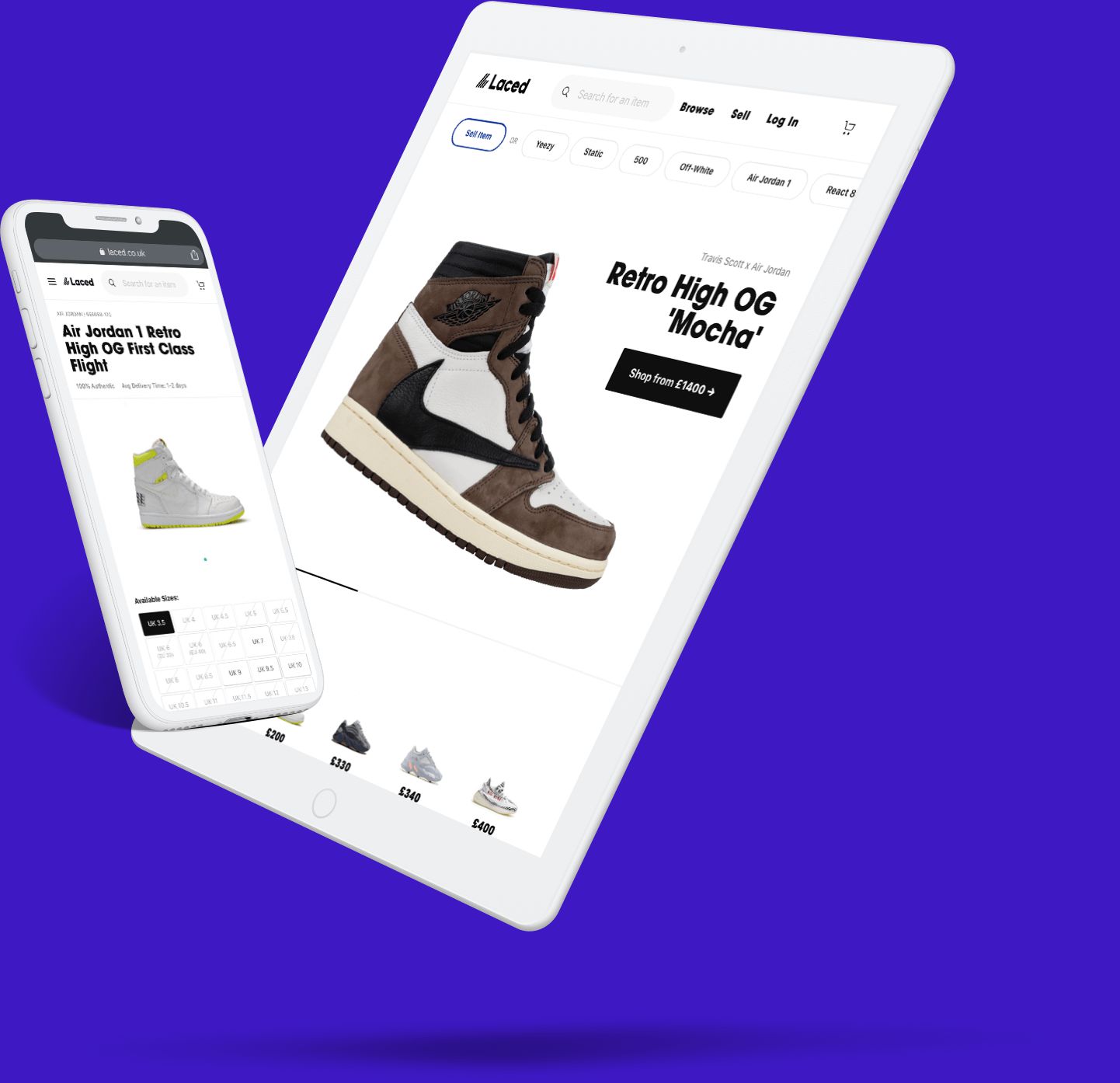 Laced's sneaker trading website shown on a tablet and mobile device.