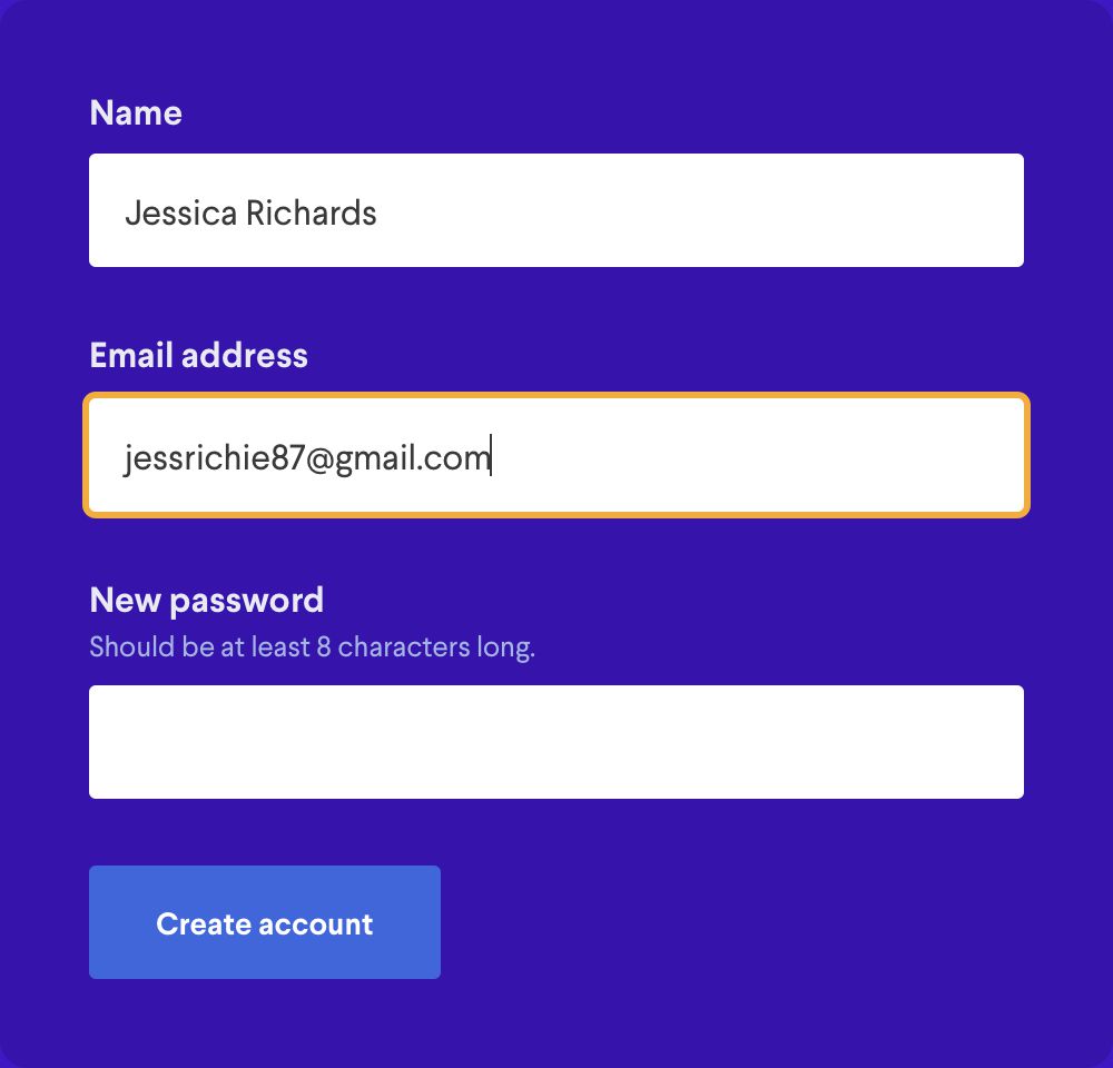A name, email address, and password form input demonstrating how clear labelling, colours, and helper text can be used to aid information capture.